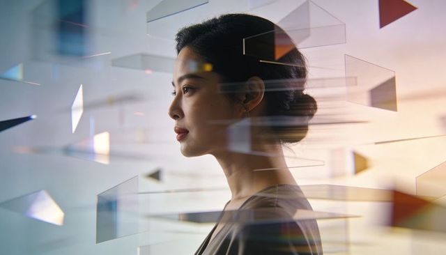 Contemplative asian businesswoman profile with floating glass prisms, futuristic headshot