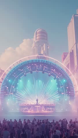 DJ tapping console pads sending LED arch beams across plaza stage energizing futuristic crowd