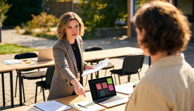 Businesswoman directing outdoor team meeting, pointing at laptop with colorful sticky notes