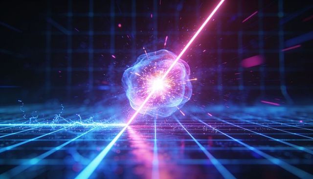 Digital neon plasma orb emitting sparks on reflective grid pierced by magenta energy beam