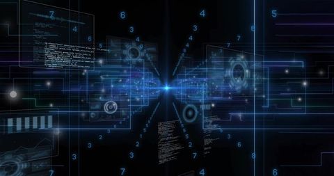 Converging Cyber Data Tunnel Pulling Holographic Panels Toward Bright Vanishing Point