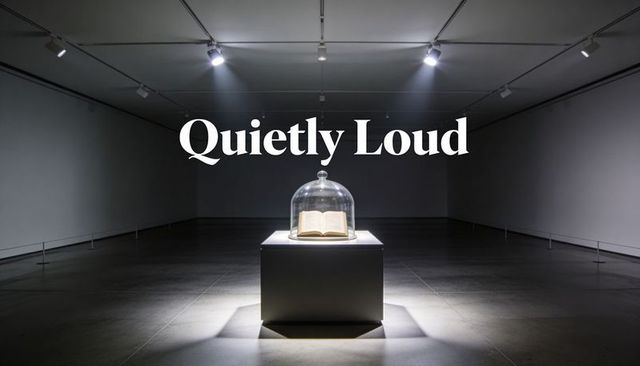 Quietly loud exhibit featuring open book under glass dome on pedestal in minimalist gallery