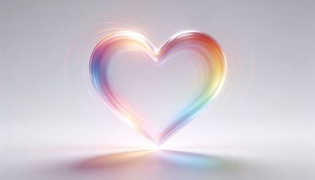 Iridescent Heart Hovering with Glowing Halo and Rainbow Reflection on Pastel Background