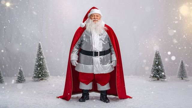 Santa claus in silver costumes with red cape in winter wonderland