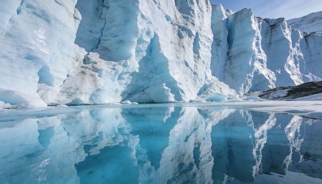 Turquoise melt lake reflecting towering glacier cliffs with deep crevasses