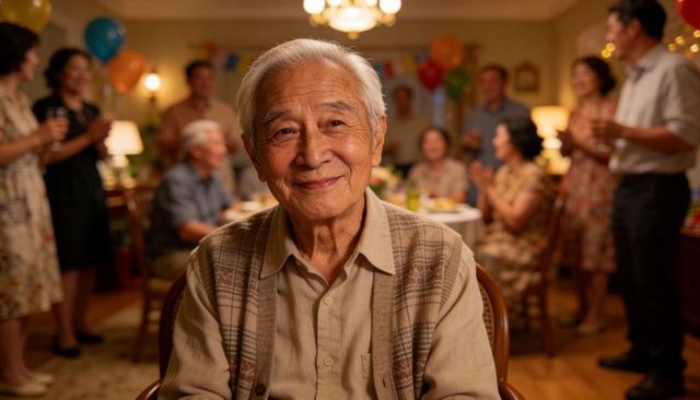 Smiling senior asian man celebrating family party at cozy home gathering with balloons