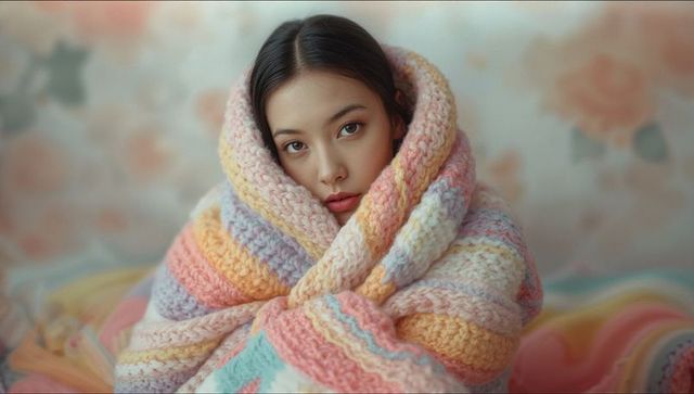 Asian woman wrapped in pastel knitted blanket exuding comfort