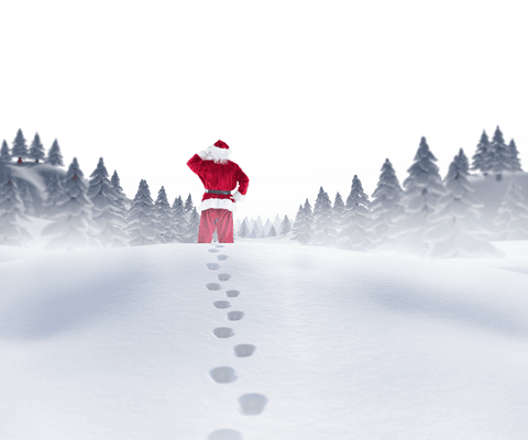 Santa Walking Through Snow-Covered Landscape with Transparent Sky