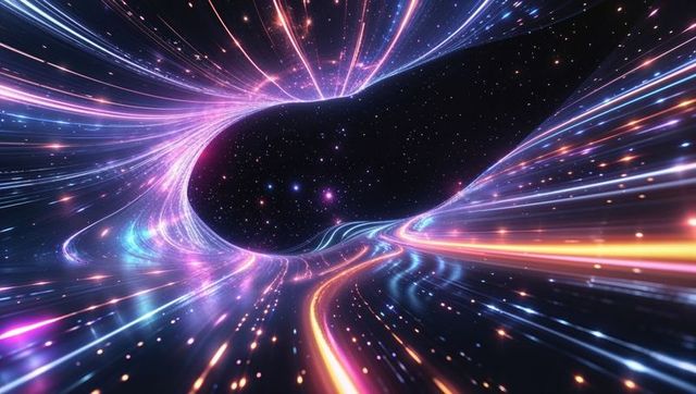 Dynamic Cosmic Warp Tunnel Through Multicolored Light Streams