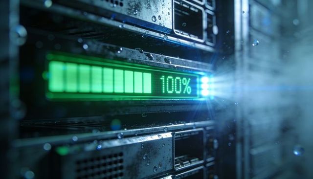 Green 100% progress bar on server drive bay with condensation, blue led glow