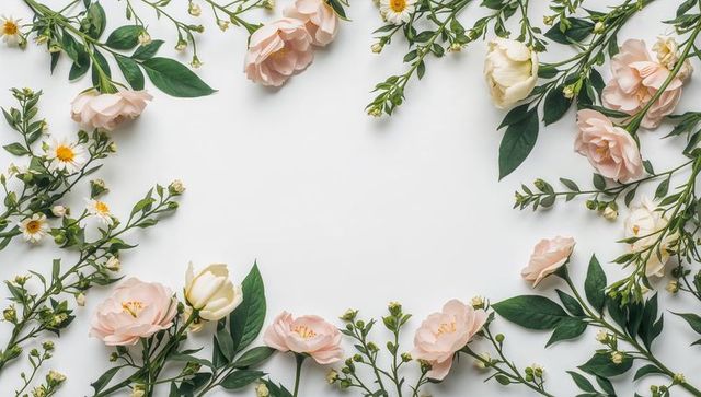 Pale blush garden roses and white daisies framing minimal flatlay with green foliage