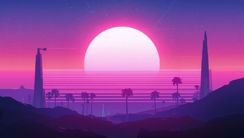 Glowing Neon Sun Setting over Coastal Plain, Palm Silhouettes Framing Futuristic Towers