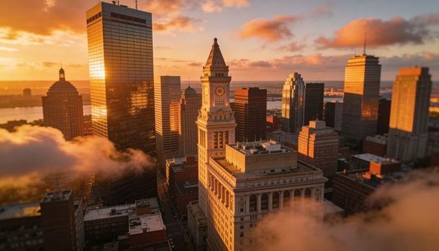 Ornate clock tower catching golden sunlight over waterfront skyline during sunset mist