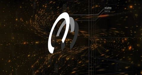 Futuristic glowing three-segment arc logo emerging from golden particle vortex