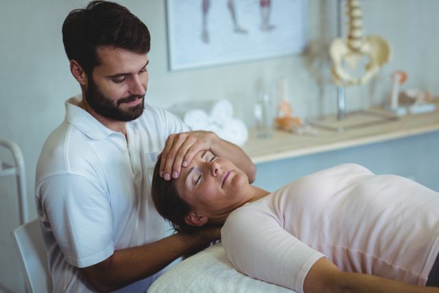 Visual portrays a physiotherapist giving a neck massage to a female patient in a clinical setting. Useful for health and wellness blogs, medical articles about physiotherapy, chiropractic services, and rehabilitation centers. Can be used to promote professional treatment services and patient care.