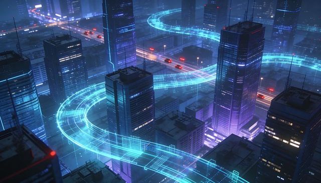Cyan holographic highway looping through futuristic downtown, neon smart city concept