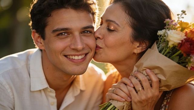 Romantic couple sharing kiss while holding bouquet at golden hour