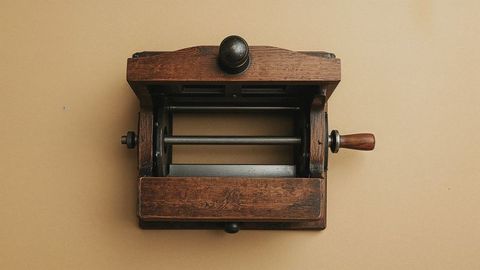 Vintage wooden press with metal screw rod showcasing craftsmanship