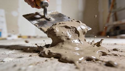 Close-up scooping wet mortar with trowel on renovation floor splashing debris and dust