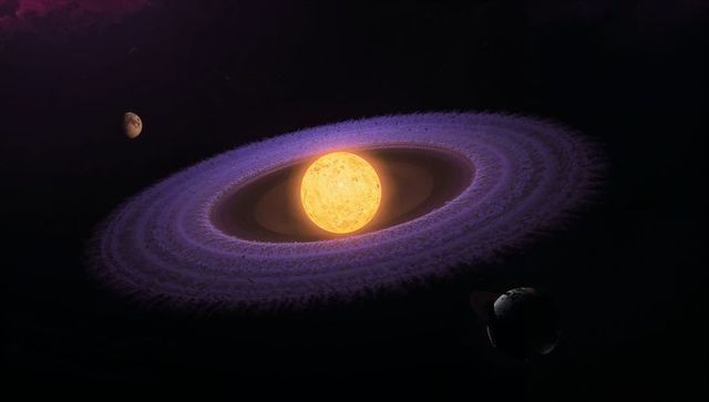 Glowing yellow star surrounded by violet protoplanetary ring and orbiting moons