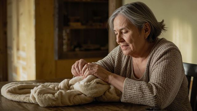 Senior woman mending fleece blanket at rustic wooden table hand-sewing cozy home care