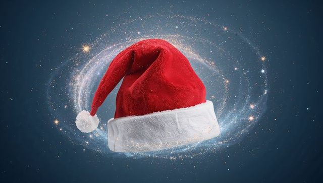 Floating santa hat over spiral galaxy with sparkling cosmic dust and velvet texture