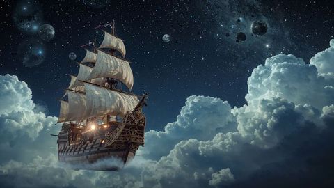Fantasy steampunk pirate ship sails through celestial night sky