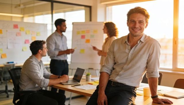 Smiling team leader leaning on desk while coworkers brainstorming in sunlit office