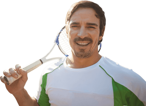 Happy latino tennis player holding racket transparent background