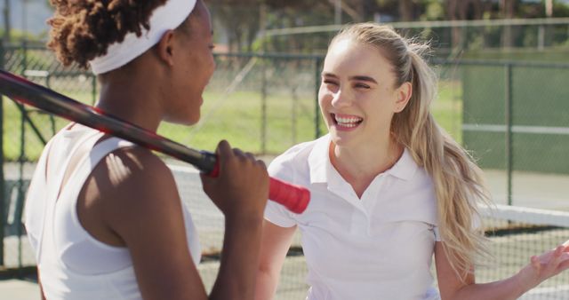 Image of happy diverse female tennis players holding rackets and talking. professional tennis training, sport and competition concept.