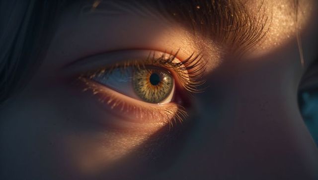 Gazing green-hazel iris close-up featuring golden flecks, long lashes and textured skin