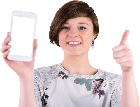 Cheerful Woman Giving Thumbs Up with Transparent Smartphone Screen - Download Free Stock Videos Pikwizard.com