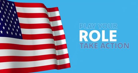 Waving american flag with play your role take action typography on blue background