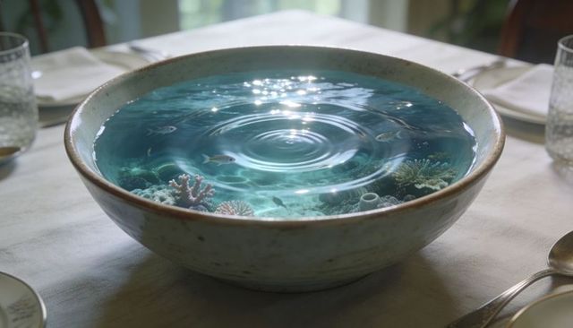 Ceramic bowl holding miniature coral reef with swimming fish and sunlit ripples on dining table