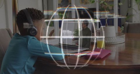 Child Watching Remote Lesson on Laptop with Holographic Globe Overlay, Headphones and Virtual Classr