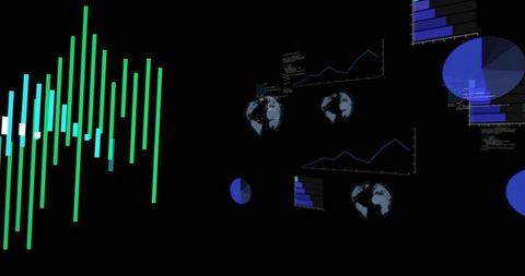Neon data dashboard with glowing green bar chart, blue pie charts and globe icons