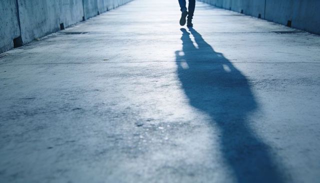 Walking silhouette casting long shadow on urban concrete pathway with low walls, blue tone