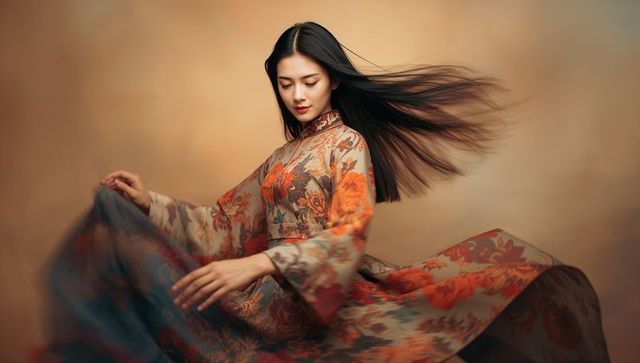 Elegant twirling model in floral mandarin collar gown with sweeping hair and flowing skirt