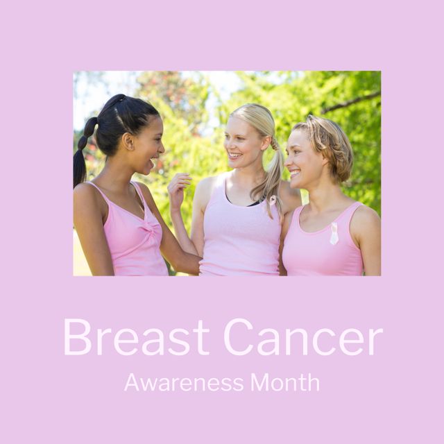 Image of breast cancer awareness month over pink background and fit diverse female friends. Health, medicine, sport and cancer awareness concept.