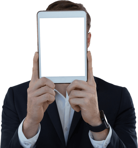 businessman in suit hiding face with transparent tablet - Download Free Stock Videos Pikwizard.com