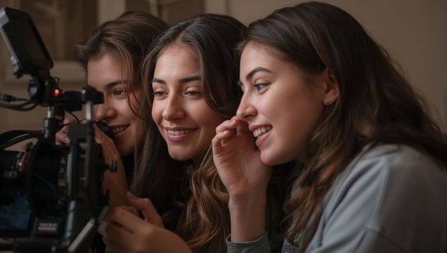 Three women filmmakers reviewing monitor on camera rig in studio, collaborating on shot