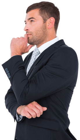 Pensive Caucasian Businessman on Transparent Background Conceptual