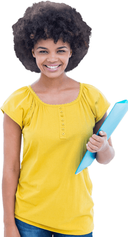 Smiling biracial woman holding folder on transparent background