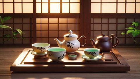 Traditional japanese anime tea ceremony setup in serene zen room