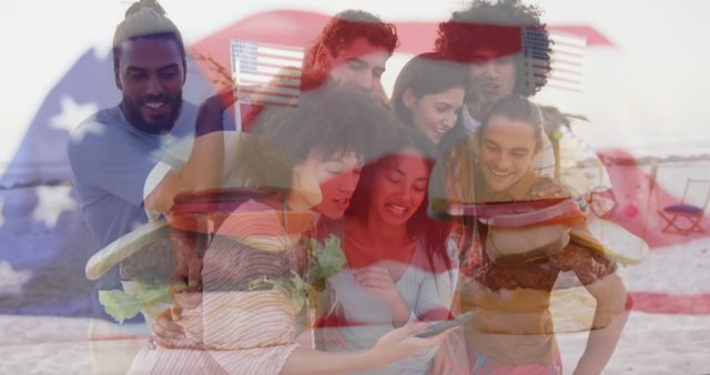 Diverse Friends Enjoying Beach Picnic with American Flag Overlay - Download Free Stock Images Pikwizard.com