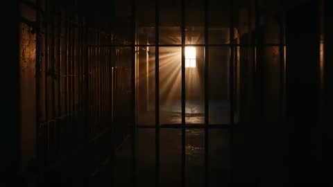 Sunbeams Piercing Barred Prison Window Casting Dramatic Light in Empty Cell Corridor