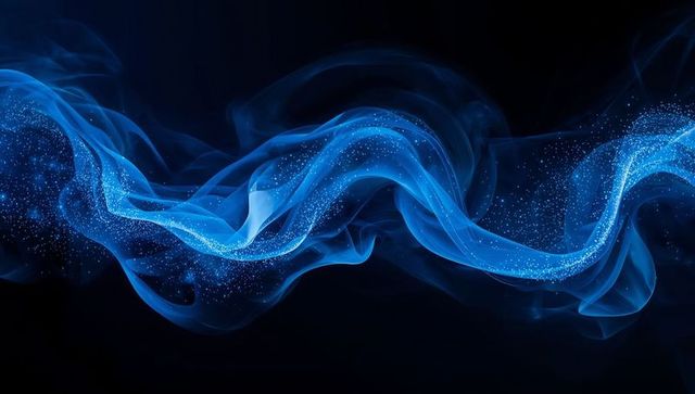 Glowing blue ribbon with sparkling particles in dark space