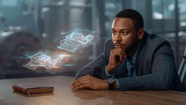 Leaning businessman studying holographic architectural models above wooden desk in office