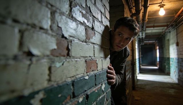 Peering man leaning around peeling brick wall in moody industrial basement corridor