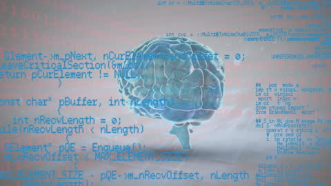 Human Brain Surrounded by Digital Code Holograms